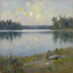 palette knife, impasto oil painting of silent calm lake shore by cordelia wilson, thick paint brush strokes, art by anders zorn, wonderful masterpiece by greg rutkowski, beautiful cinematic light, american romanticism by greg manchess, creation by tyler edlin