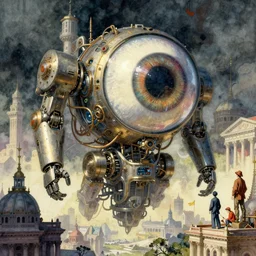 the amazing floating neoclassical city, fantasy, steampunk, the big shiny metallic espherical eye mecha robot is watching us. intricate, amazing composition, colorful watercolor, by ruan jia, by maxfield parrish, by marc simonetti, by hikari shimoda, by robert hubert, by zhang kechun, illustration, gloomy