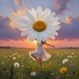 giant white daisy flower on head, girl dancing in a flower field, surreal photography, sunrise, dramatic light, impressionist painting, colorful clouds, digital painting, artstation, simon stalenhag