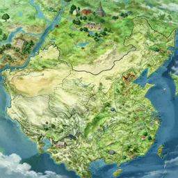 treasure map of a large fantasy world with various biomes regions, highly detailed, smooth, sharp focus, artstation, illustration by makoto shinkai and moebius and jean giraud