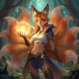 portrail | ahri!!!!!! | holding a glowing ball | the nine - tailed!!! fox | handbok!!! | mystical forest | fantasy | league of lengeds | very detailed | digital | character | by natalie shau | by yuumei | by wlop