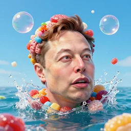 a funny sculpture of a elon musk as a squashed human head wrapped in funny stuff and sweets on ocean water, funny face, brain, giant bubbles, juicy jelly, realistic water splashes, water art, vibrant, in the style of mike campau, cg render, ray tracing, 8 k resolution, sharp