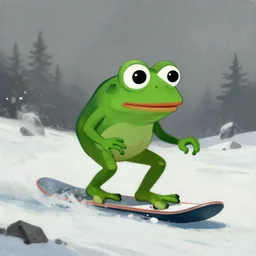 pepe the frog snowboarding, gloomy landscape, painted by christopher radlund