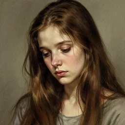 a beautiful portrait of a tired, sickly, thin young woman with very thin long brown hair, by greg hildebrandt