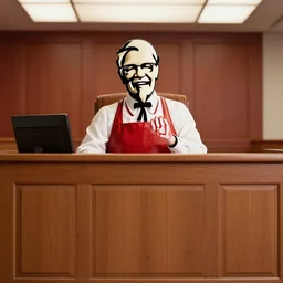 kentucky fried chicken kfc colonel sanders courtroom photo, courtroom that looks like the inside of a kfc restaurant, crisp high quality professional promotional advert photo