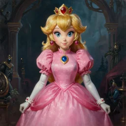 An ultra realistic portrait painting of Princess Peach in the style of Frank Frazetta, 4k, Ultrarealistic, Highly Detailed, Dark Fantasy, Epic Lighting