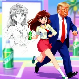 ivanka trump running from donald trump, sprite, vaporwave nostalgia, directed by beat takeshi, visual novel cg, 8 0 s anime vibe, kimagure orange road, maison ikkoku, sketch by akira toriyama