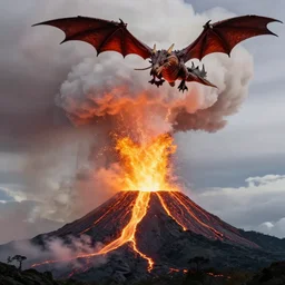 a volcano erupting golden lava and a dragon flying above mushroom cloud