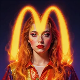 A psychedelic portrait of burning mcdonalds, vibrant color scheme, highly detailed, in the style of romanticism, cinematic, artstation, Moebius, Greg rutkowski
