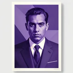 a portrait of a mobster in a suit and tie, bauhaus, poster art, angular, geometric, symmetrical. pruple color theme. solid background.