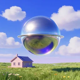 a chrome orb flying over a house in a meadow with puffy clouds in blue sky. slick, retrofuturistic design. deep colorful soft gradients, and translucence. pre - 2 0 0 0 s era. vintage computer art, early computer graphics. art by stanislaw fernandes and eyvind earle