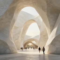 the inside of a stone marble sculpture monument by tim blandin and arthur haas and bruce pennington and john schoenherr, architecture by zaha hadid, octane render, warm colour scheme, white, cinematic, scenery, cgsociety, modernism, futuristic, artstation, high detail, high quality, close up angle, people walking