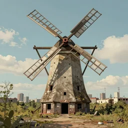 a beautiful ultradetailed illustration of city nature urbex windmill building abandoned industrial architecture unfinished building architecture by frank lloyd wright, retro at summer, archdaily, wallpaper, highly detailed, trending on artstation.