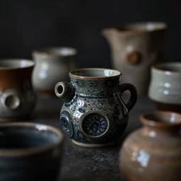 shino ceramics studies with bold innovative organic shapes, background darkness, bokeh, macro view, megapixel, feng shui, moody lighting, cinematic lighting, ray tracing reflections