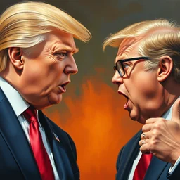 portrait of donald trump and alex jones arguing, an oil painting by ross tran and thomas kincade