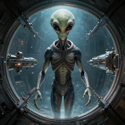 an alien inside a spaceship, beksinski, wayne barlowe, symmetrical, surreal, magic surrealism, very coherent symmetrical artwork, cinematic, hyper realism, high detail, octane render, 8 k