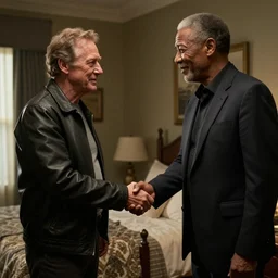 photograph of Gordon Freeman shaking hands with Morgan Freeman in a dimly lit bedroom, 8k, highly intricate, highly detailed,