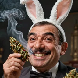 hyper realistic, close up portrait of a mega derpy mr. bean, big chungus, with bunny ears, smoking massive amounts of weed, big smile, buck teeth, by greg rutkowski, scott m fischer, artgerm, loish, slight glow, atmospheric, anne stokes, alexandros pyromallis, giger, 4 k, 8 k