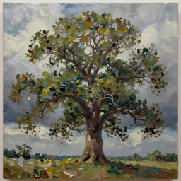 oil paint impasto reliefs of looking up at a large sunny oak tree, through to stormy clouds, thick heavy painterly splatter, photographic quality, realistic style - i