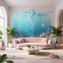 a modern indoor room, clean architecture, pastel colored, baroque, a couch, a couch table, some fresh plants, underwater, surounded a hiper detailed inkdrop in water, intricate detailed 3 d render, hyper realistic intricate acrilic fluid art, elegant, intense colors, wide shot, octane render, concept art, daylight, peaceful, 8 k