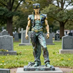 a memorial sculpture of kakyoin from jojo's bizarre adventure in a cemetery