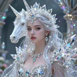 epic ultra detailed realistic portrait of beautiful queen made of s crystals magic sparkels diamonds neon lights and translucent fabric. in the unicorn's garden. surrealistic magic. by greg rutkowski, concept art, sharp foccus. intricate, elegant. by basil gogos. art by wlop and artgerm and greg rutkowski and affandi