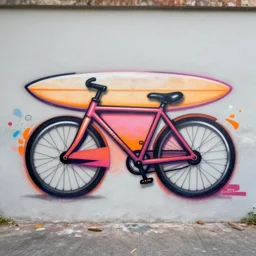 a grafitti of a bicycle with a surfboard, pink and orange, street art by Etam Cru and Madsteez, Jessie unterholder, katey truhn
