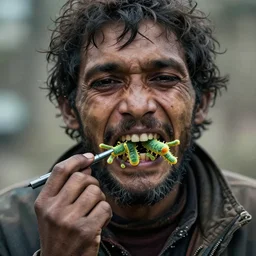 a mouth full of bacteria. cursed image. realistic photograph. homeless man.