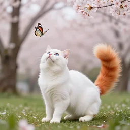 white cat with fluffy red tail like fox tail playing with butterfly at sakura forest, high detailed, hyper realistic, photorealistic, leica 8 5 mm