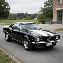 black audi camaro b 1 ( 1 9 6 7 ) with stripes, establishing shot, by simon stalenhag