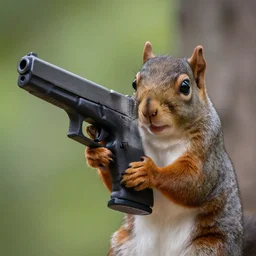 close - up photoshot squirrel holding glock - 1 8 gun, forest in background, blurred background, hyperrealism