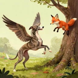 a mexican greyhound flaps its wings dramatically as a crafty fox jumps out from behind a tree to take it down, fantasy art