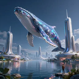 a science - fiction city by the lake, with gigantic futuristic buildings, a whale in the sky, midnight, andreas rocha, krenz cushart, artstation, concept art, smooth, sharp focus, 8 k, octane render, volumetric, vivid, beautiful, hyperrealism, pearlescent, reflective, shimmering, highly detailed,