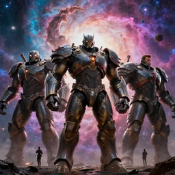 movie still frame, giant armored titans in epic pose, a psychedelic nebula in the background, beautiful composition, 8 k, cgi, by ridley scott, james cameron, zack snyder and michael bay