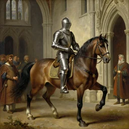 an oil painting of a knight wearing plate armor entering a medieval church on a horse, 4 k, highly detailed, painted by thomas cole
