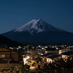 award winning nighttime photograph of mount fuji seen from far in the distance at night, in the foreground is a quiet japanese town, fujifilm
