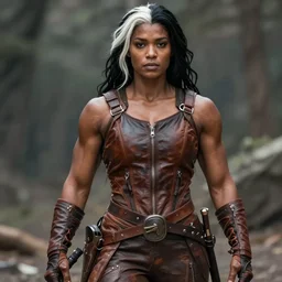 realistic photo. fantasy ranger. imposingly tall, broadshouldered, jacked muscular woman. half black half arab. dark skin. face like kendall jenner, dark complexion. hair has white stripe white streak in hair over left ear. modest practical soft brown leather clothing. fully dressed. massively jacked physique. in her 3 0's. ranger. female. clothed.