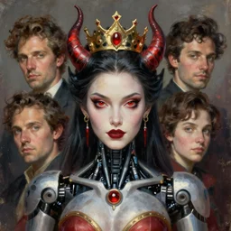 attractive demon queen with crown and red eyes as an i robot, painting by gaston bussiere, craig mullins, luis rollo, portrait, digital painting, highly detailed, artstation, sharp focus, illustration, concept art, hd