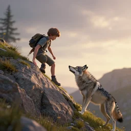 a young boy climbing a hill to reach his friend the wolf, volumetric light, hyperdetailed, artstation, cgsociety, 8 k