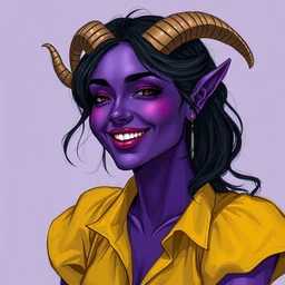 a purple skin woman with small goat horns, smiling, dark hair, curvy horns, with and yellow shirt and dress, chaste, portrait by rossdraws and daniel docciu and dave dorman