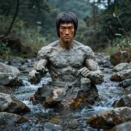 A rock sculpture of Bruce Lee hidden in the middle of a mountain stream, dramatic lighting, octane render, 4k
