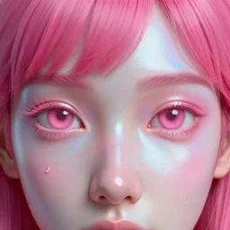holographic _ face _ detailed _ realistic minimalists _ eyes _ with _ 3 _ d _ dark pink _ water and oil _ hair