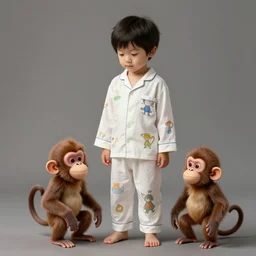 young boy wearing white fabric pajama with cartoon paintings on it. standing and looking on a small furry smiling monkey. highly detailed, digital painting, artstation, concept art, smooth and sharp focus, cg by tian zi and wlop and alphonse mucha