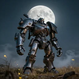 a lonely big giant mechanical weapons battle armor japanese samurai on a patch of withered grass, dim sky, very big moon, some smoke, a little bit yellow lights, smooth, sharp focus, superior quality, 8 k, cinematic lighting, octane render, wide angle, by bilibin, kuvshinov, malevich and mucha