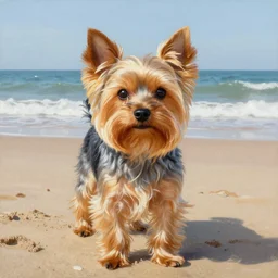 ultra realistic portrait painting of a yorkshire terrier on the beach, art by michael sowa, 4 k, ultra realistic, highly detailed, epic lighting