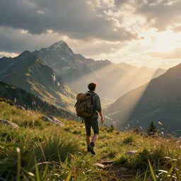 traveler wanderer with a backpack on his back, a man goes through the mountains to meet adventures, cinematic view, epic sky, detailed, concept art, low angle, high detail, warm lighting, volumetric, godrays, vivid, beautiful, trending on artstation, by jordan grimmer, huge scene, grass, art greg rutkowski