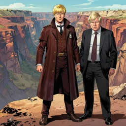 A marvel comic of the tenth doctor standing on one side of a canyon, and Boris Johnson standing on the other, daytime