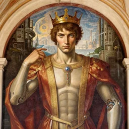beautifully painted mural of a young cyborg king in ornate royal fabric, piercing glowing eyes, sci fi scenery, vogue cover poses, mural in the style of sandro botticelli, caravaggio, albrecth durer