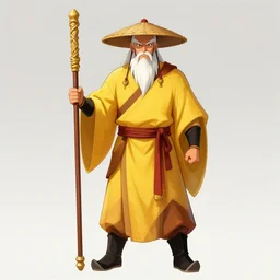 a chinese battle monk, wearing a yellow toga, a straw hat, holding a wooden long staff, long white beard, digital art, full body shot