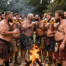 dozens of shirtless burly hairy big strongmen wearing kilts drinking beer together around a campfire and kissing each other with love, masculinity, manly, beastly brotherhood, daddy energy, joy, wholesome, photography, high definition, very detailed, male family